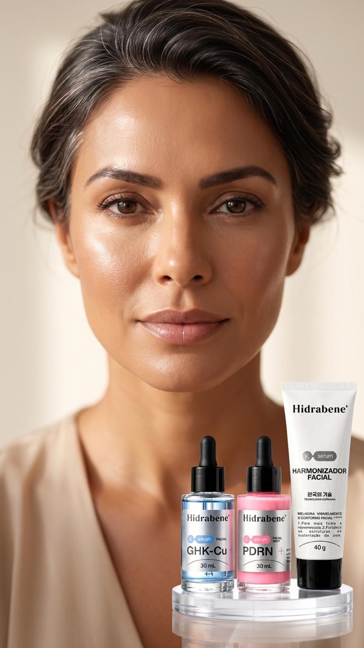Rosto de mulher 40+ com a pele do Kit Harmonizador Hidrabene